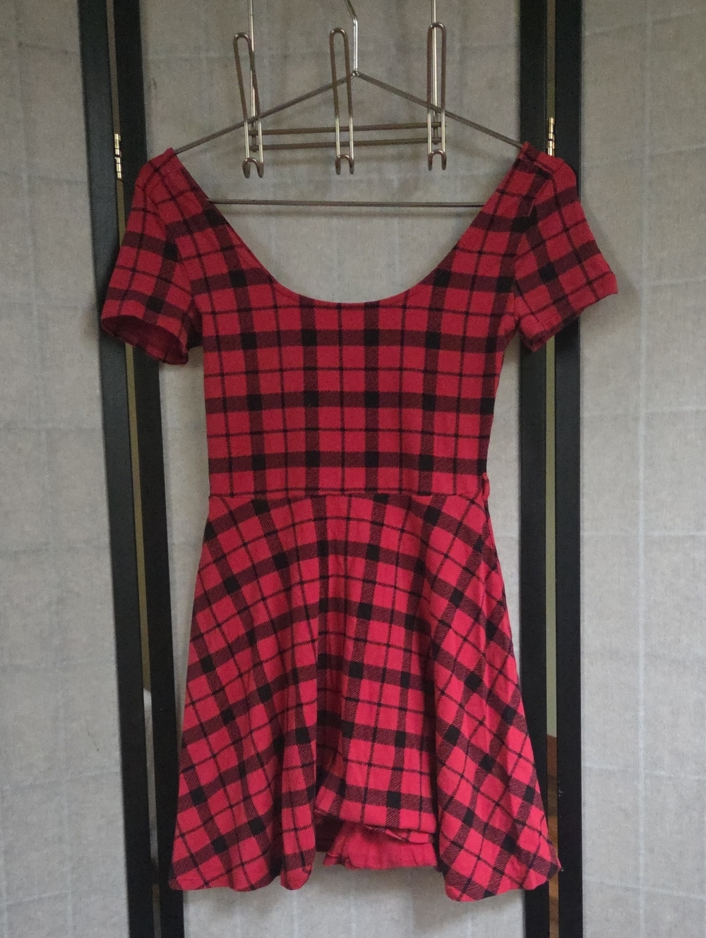 Red Plaid Skater Mini Dress - Stretchy Fit & Flare Fall / Holiday